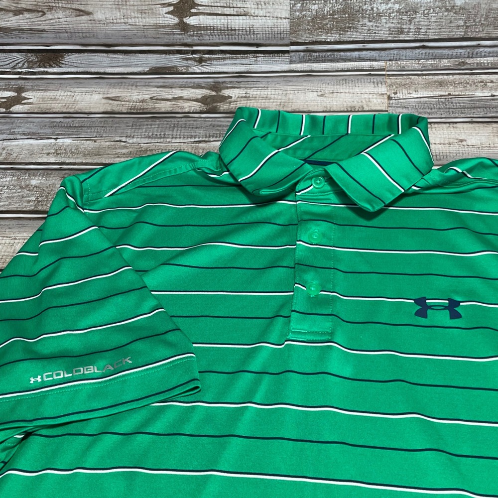 Under Armour Golf Polo‎ Shirt Coldblack Striped Green Athletic Fit Size L